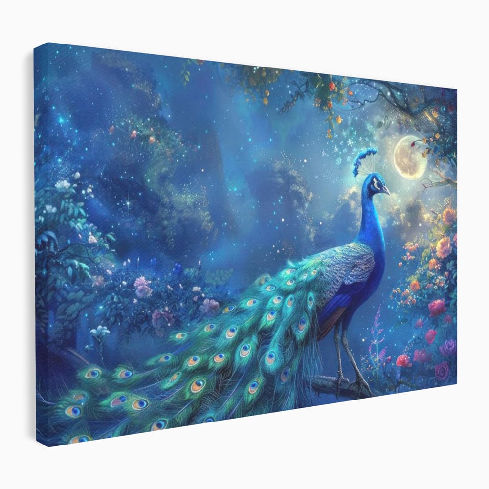 Tablou canvas cu tablou canvas cu paun albastru noaptea, fara rama, pe sasiu de lemn